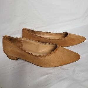 Suede Leather Scalloped Tan Flats for Women